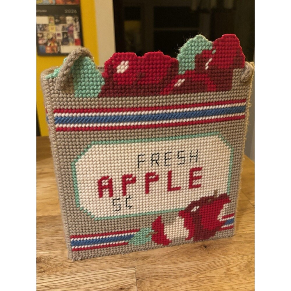 Vintage Plastic Canvas Apple Basket Tote Bag Retro Fall Kitchen Decor, Handmade